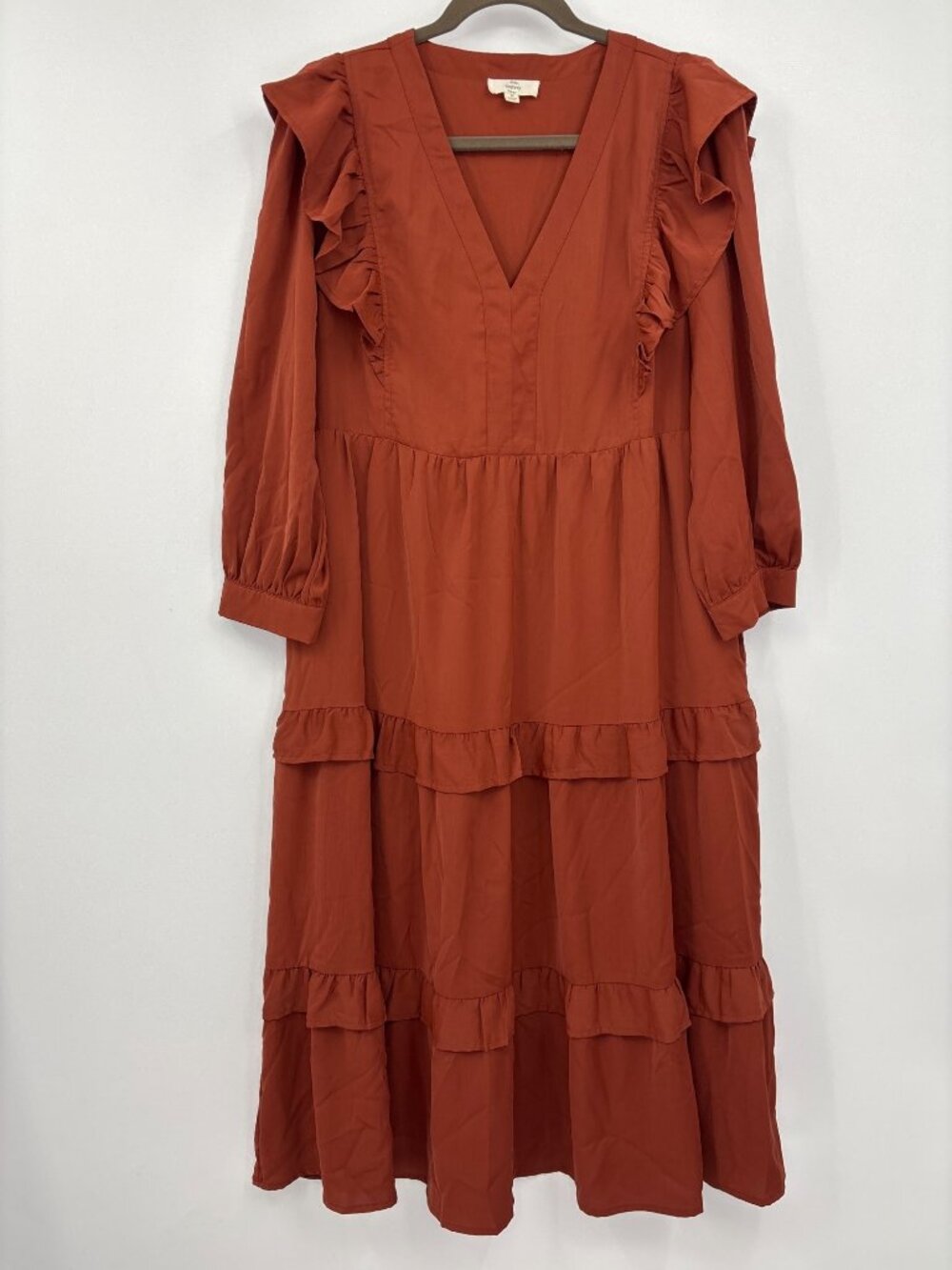 Entro Ruffle Long Sleeve Tiered Midi Dress Rust Size Medium - Picture 2 of 7